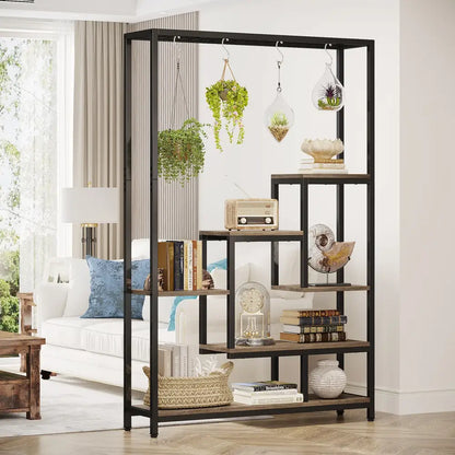Modern black metal and wood 5 tier indoor plant stand living room