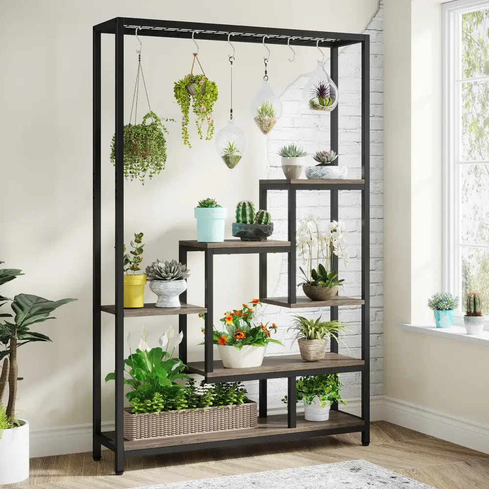 Modern black metal and wood 5 tier indoor plant stand living room