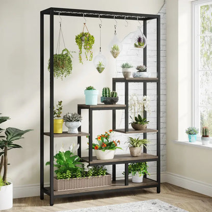 Modern black metal and wood 5 tier indoor plant stand living room