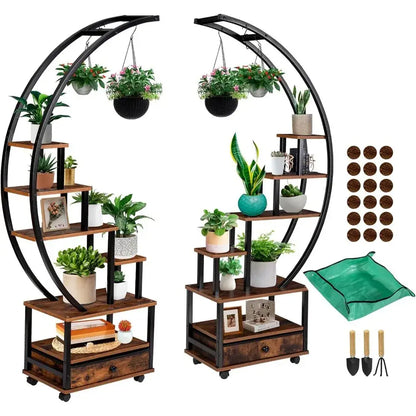 Modern rustic wood and black metal indoor plant stand living room