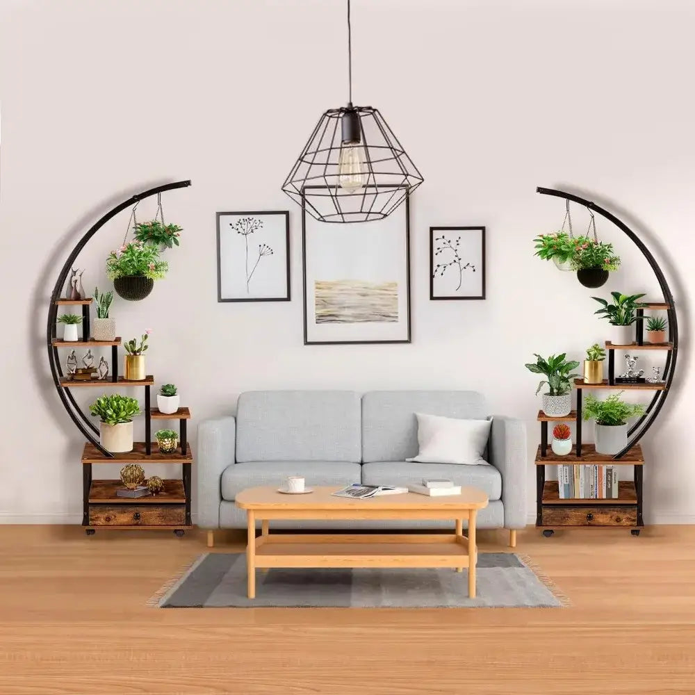 Modern rustic wood and black metal indoor plant stand living room