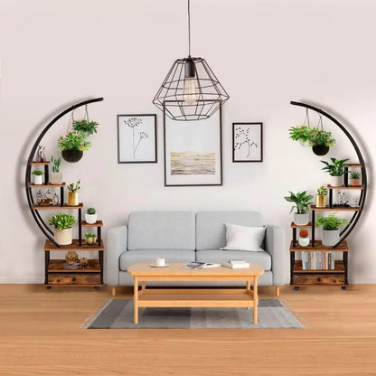 Modern rustic wood and black metal indoor plant stand living room