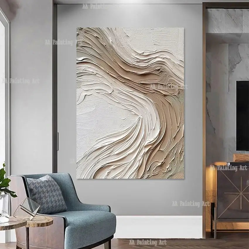 Modern beige & white abstract 3d wall art aesthetic room decoration