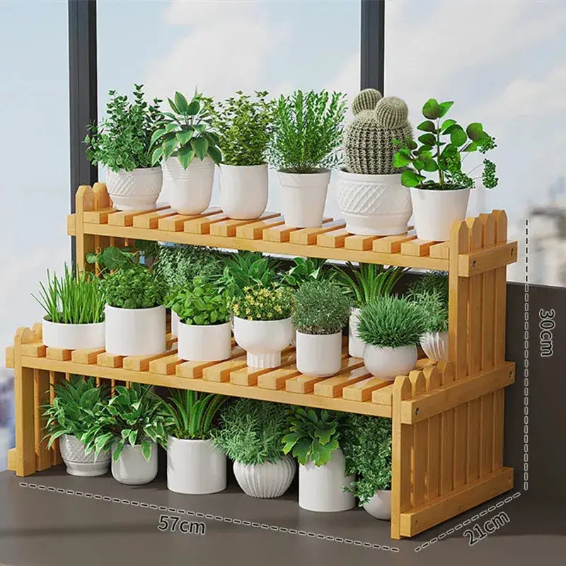 Modern natural bamboo 2-tier plant display stand living room rack