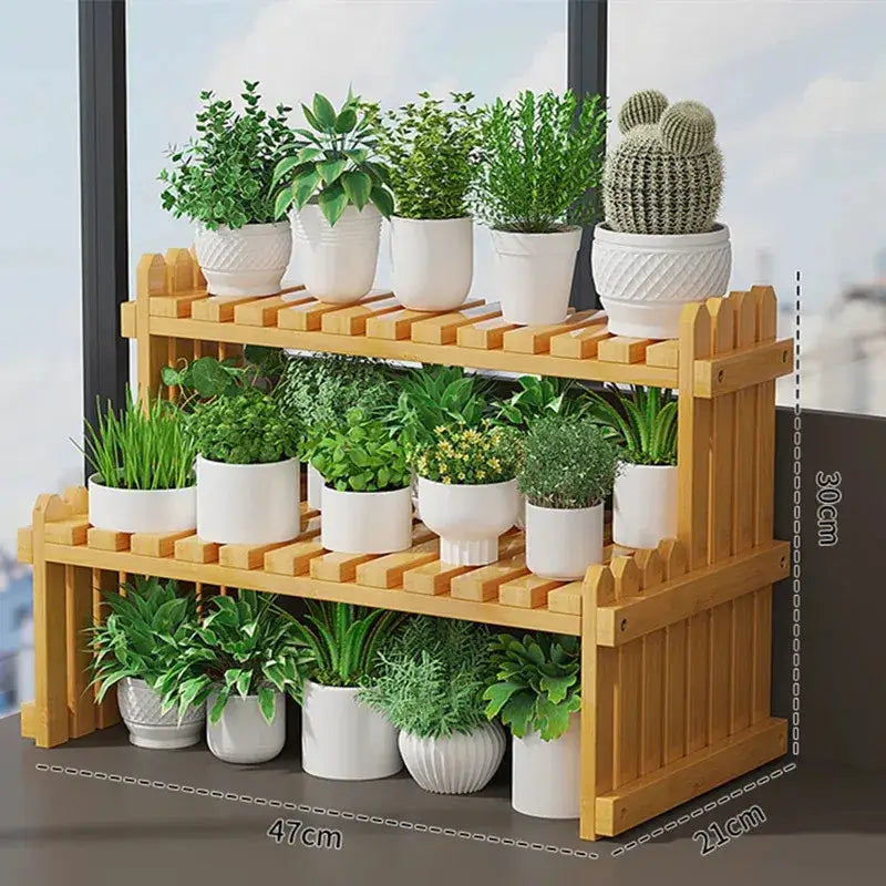 Modern natural bamboo 2-tier plant display stand living room rack