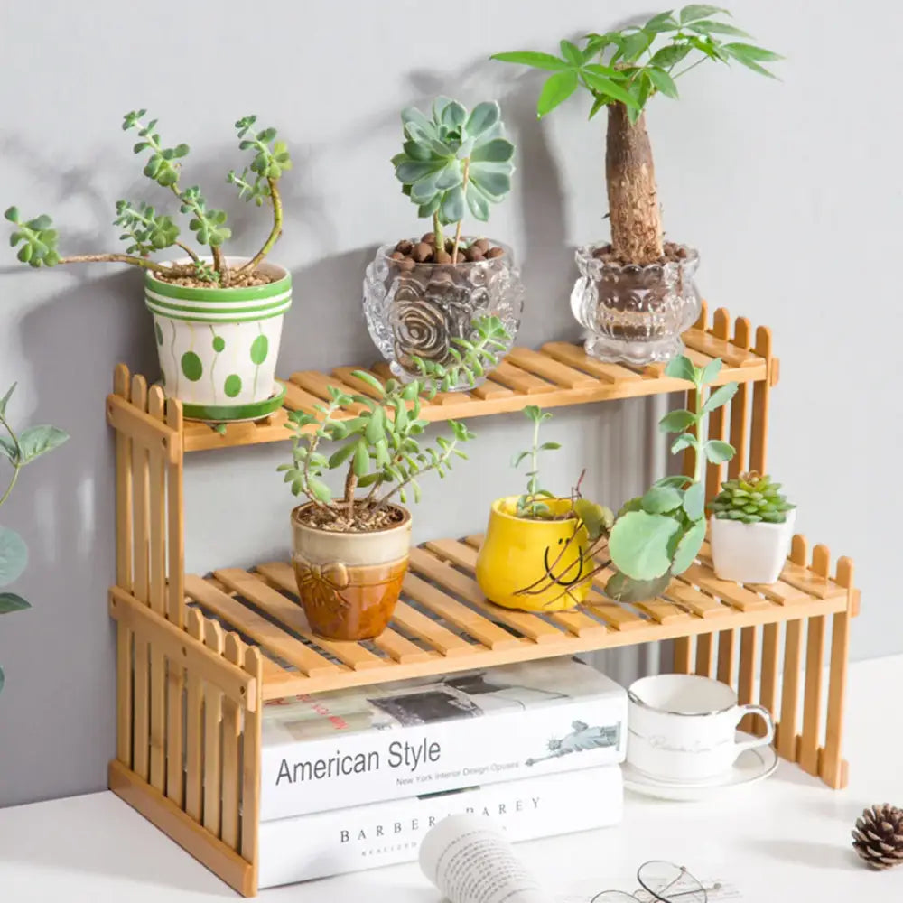 Modern natural bamboo 2-tier plant display stand living room rack