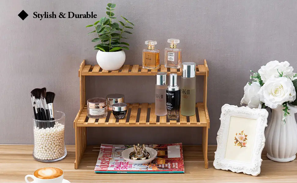 Modern natural bamboo 2-tier plant display stand living room rack