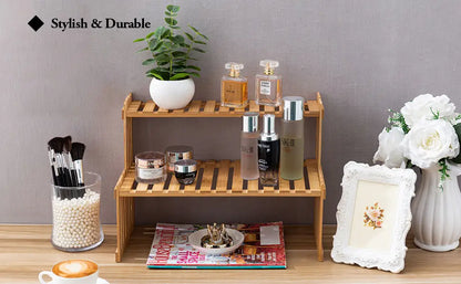 Modern natural bamboo 2-tier plant display stand living room rack