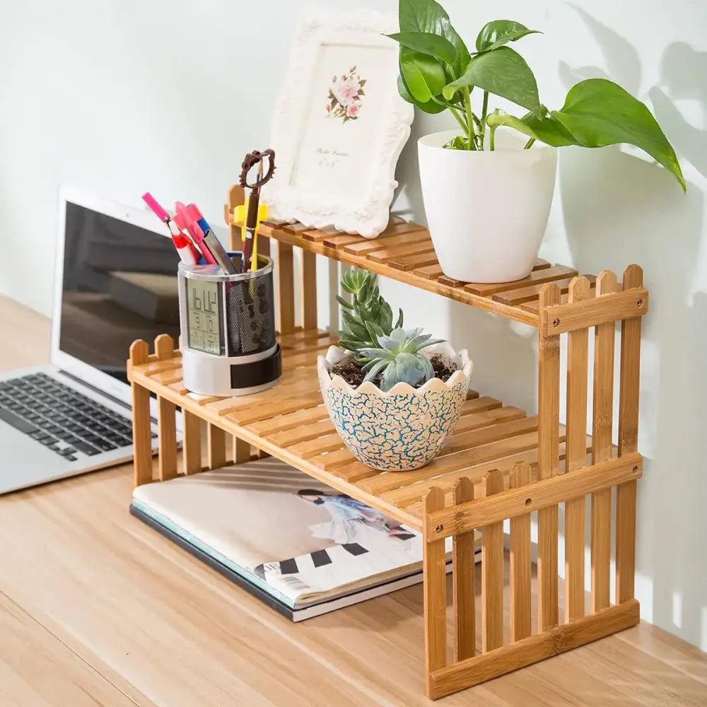 Modern natural bamboo 2-tier plant display stand living room rack