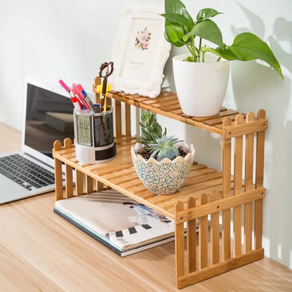 Modern natural bamboo 2-tier plant display stand living room rack