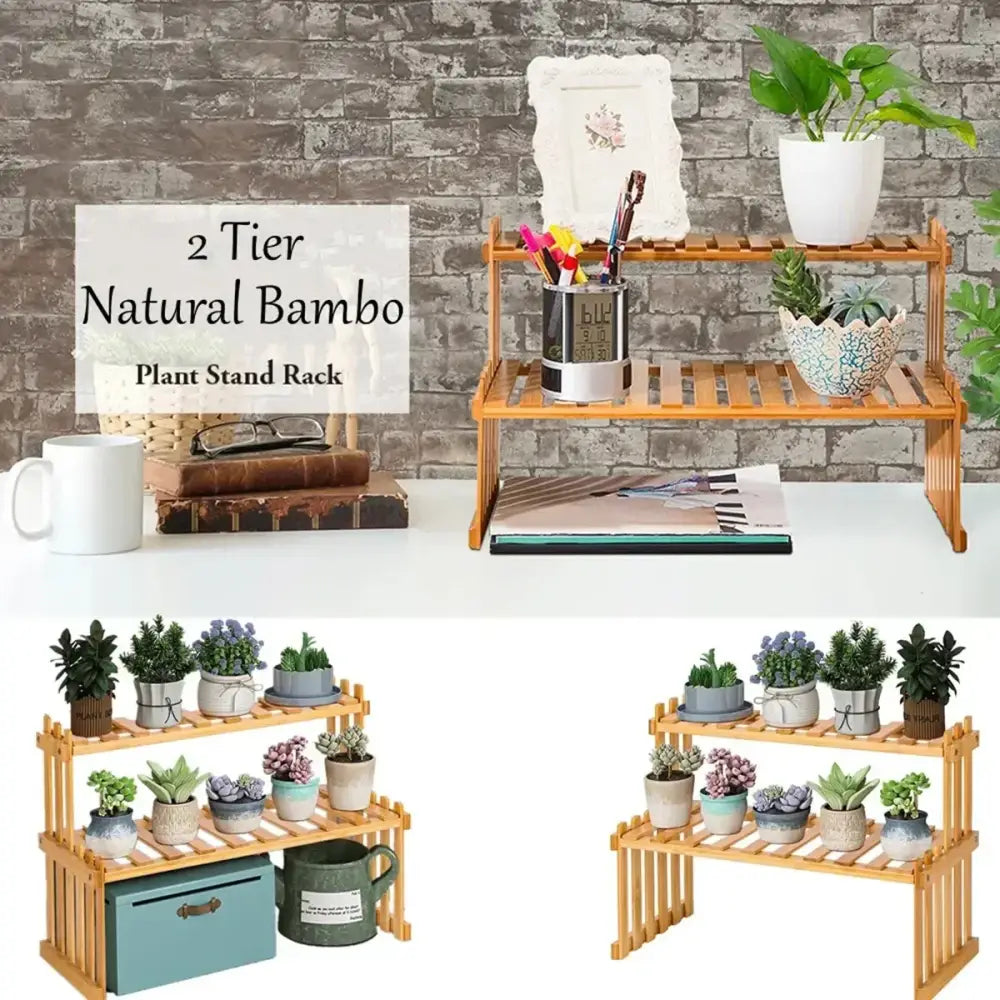 Modern natural bamboo 2-tier plant display stand living room rack
