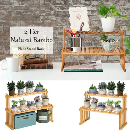 Modern natural bamboo 2-tier plant display stand living room rack