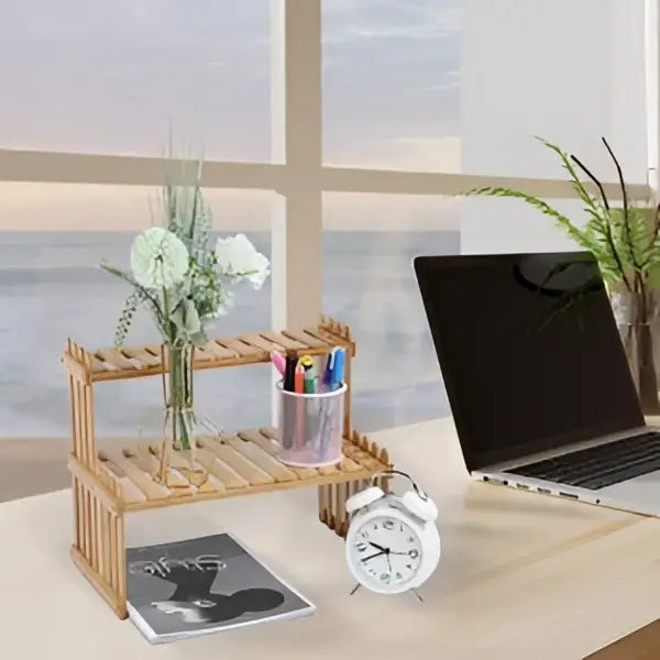 Modern natural bamboo 2-tier plant display stand living room rack