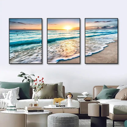 Modern beach sunset canvas wall art set living room decor