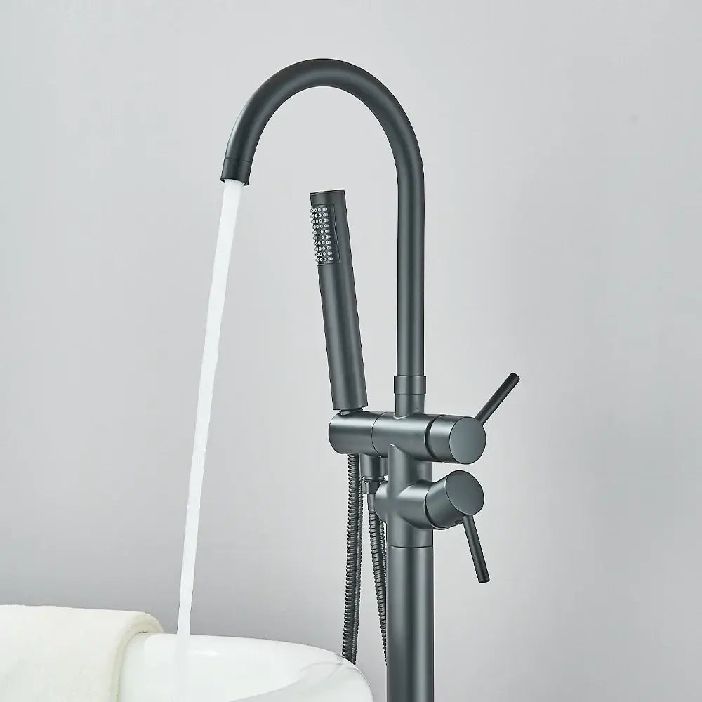 Modern black dual handle freestanding tub faucet with hand shower bathroom