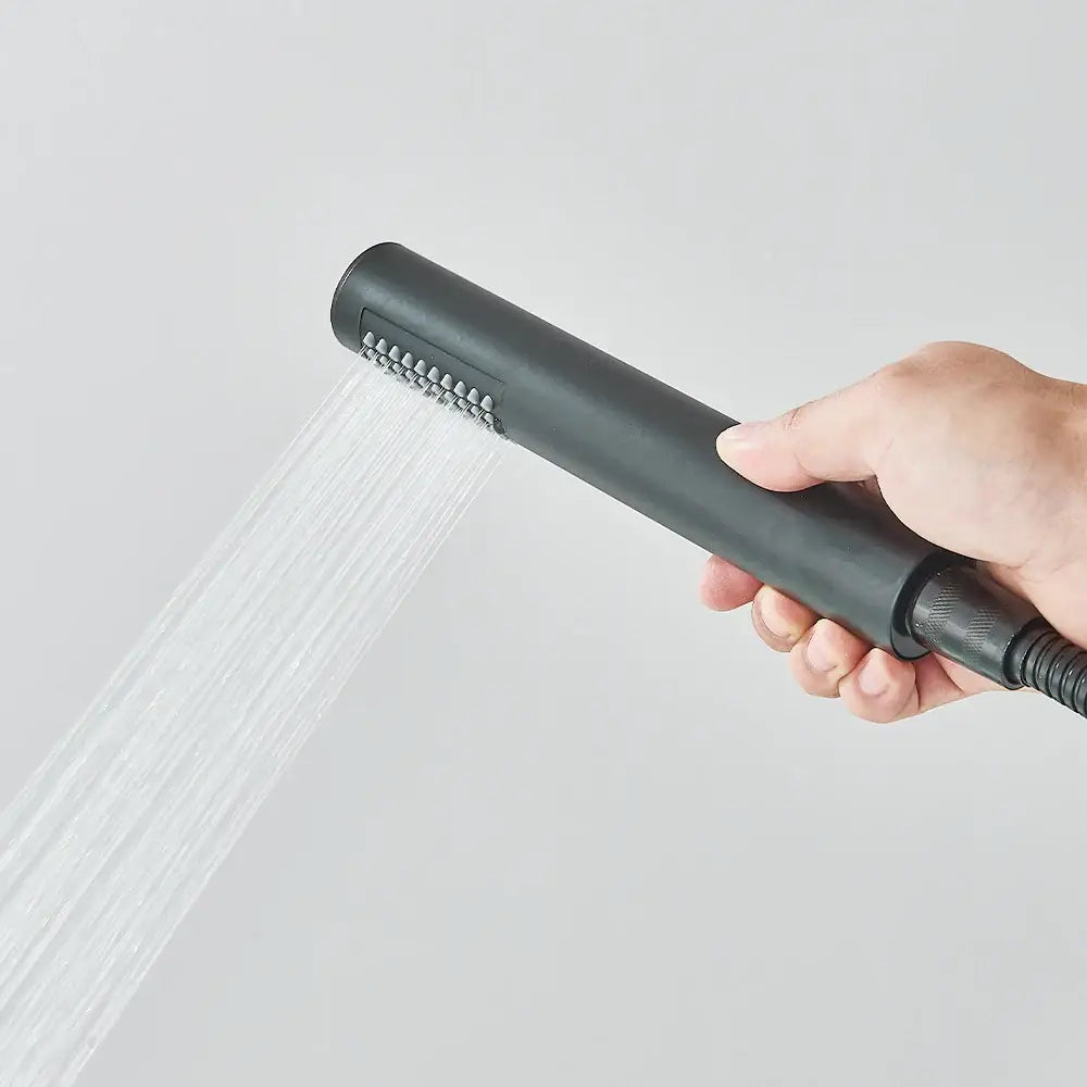 Modern black dual handle freestanding tub faucet with hand shower bathroom