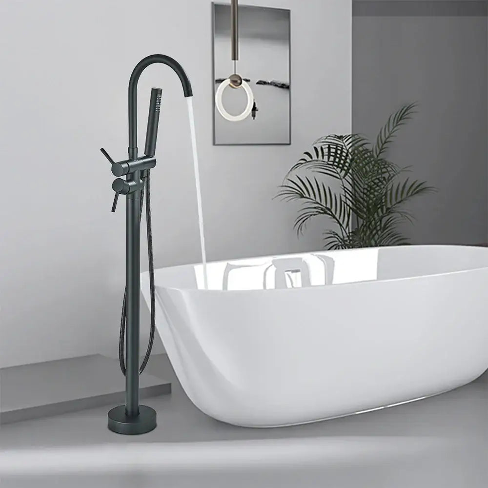 Modern black dual handle freestanding tub faucet with hand shower bathroom