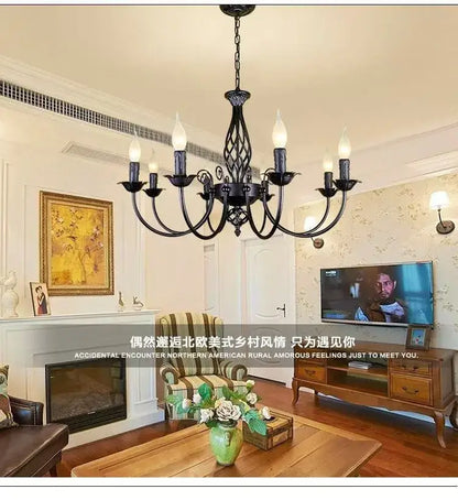 Modern black iron scrollwork chandelier living room light