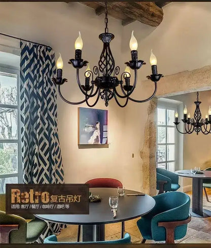 Modern black iron scrollwork chandelier living room light
