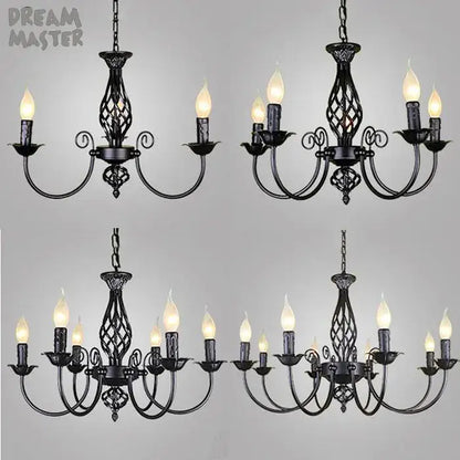 Modern black iron scrollwork chandelier living room light