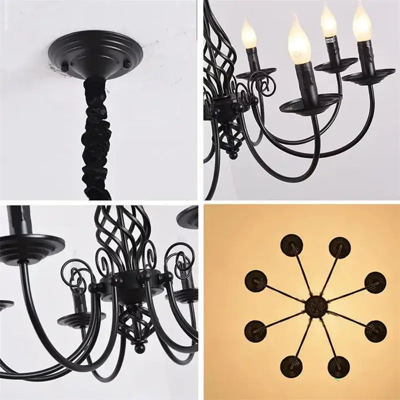 Modern black iron scrollwork chandelier living room light