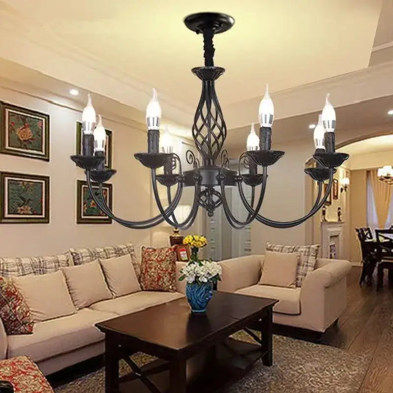 Modern black iron scrollwork chandelier living room light