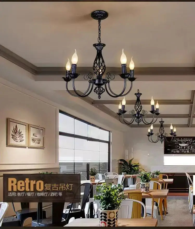 Modern black iron scrollwork chandelier living room light