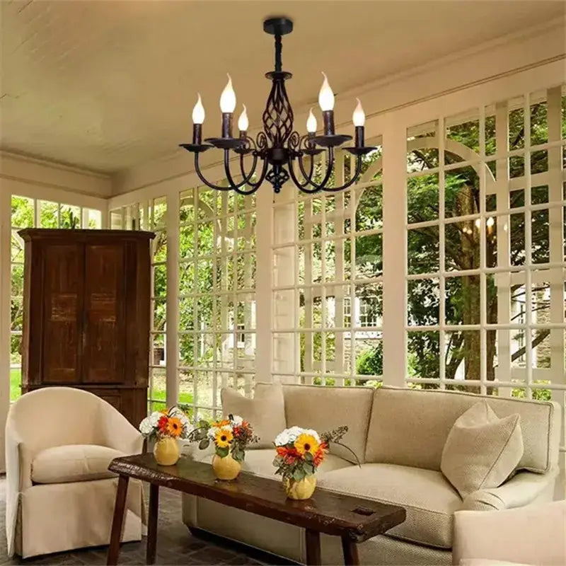 Modern black iron scrollwork chandelier living room light
