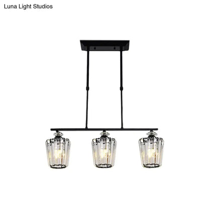 Modern black metal chandelier with cylindrical crystal shade kitchen