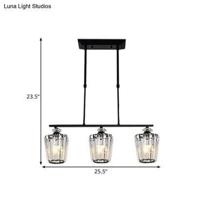 Modern black metal chandelier with cylindrical crystal shade kitchen
