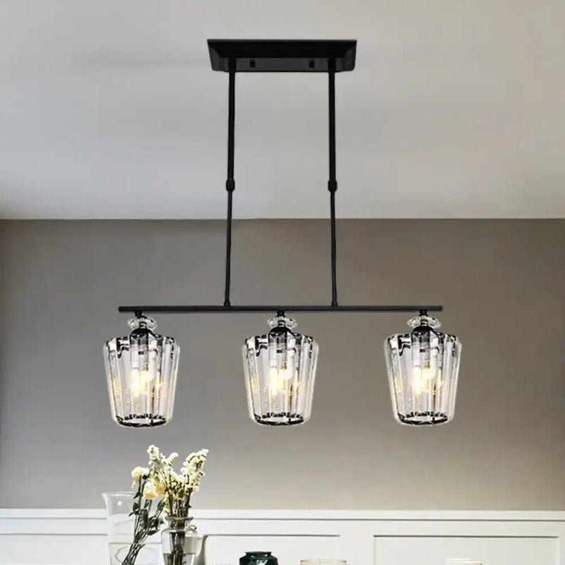 Modern black metal chandelier with cylindrical crystal shade kitchen