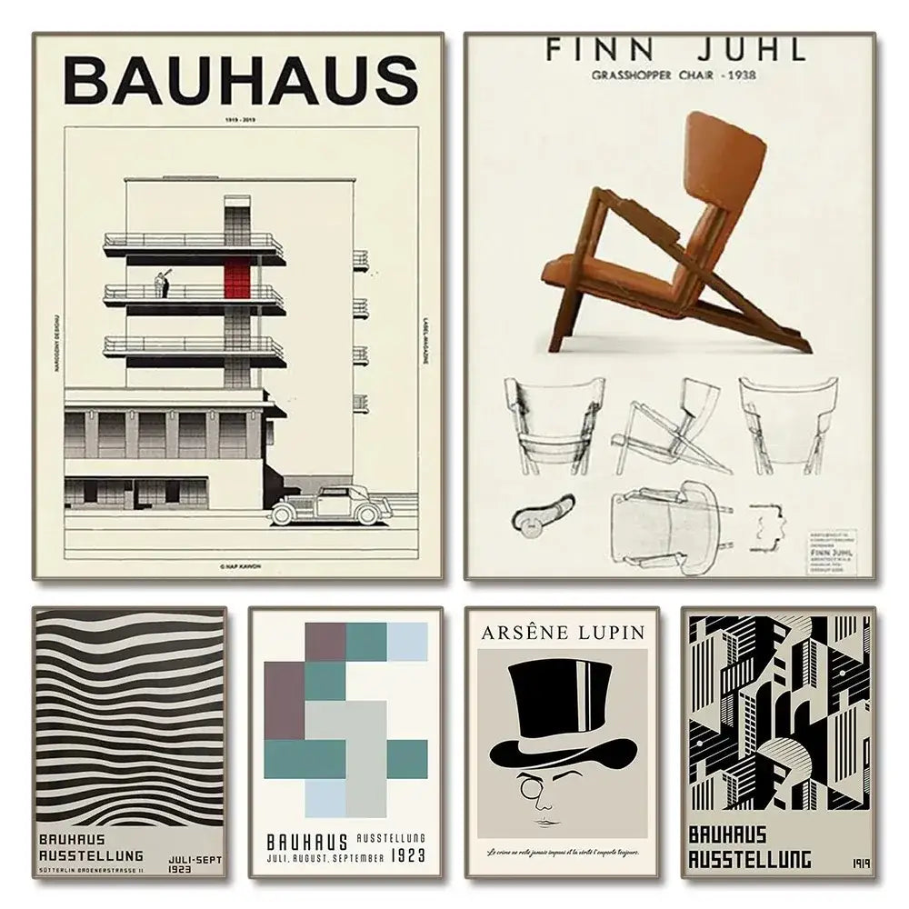 Minimalist blue & cream bauhaus canvas print living room wall art