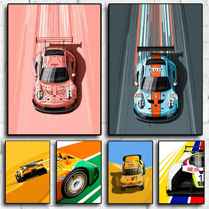 Modern cartoon racing car canvas set bedroom wall art