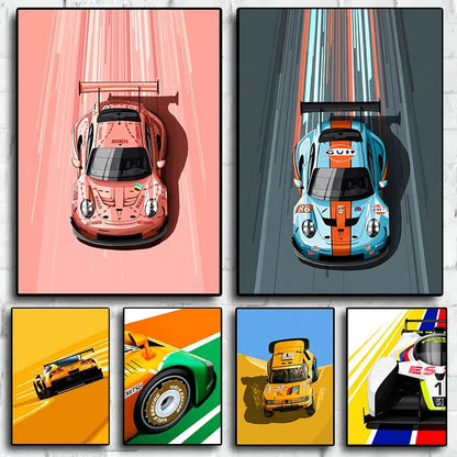 Modern cartoon racing car canvas set bedroom wall art