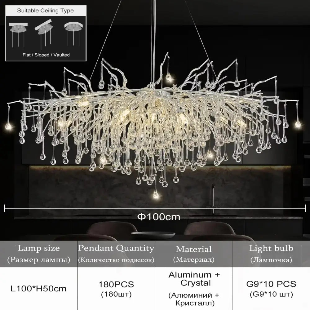 Modern chrome crystal chandelier for living room with droplets