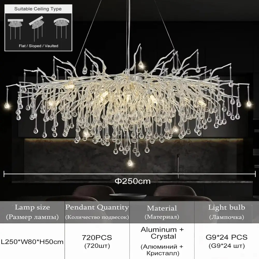 Modern chrome crystal chandelier for living room with droplets