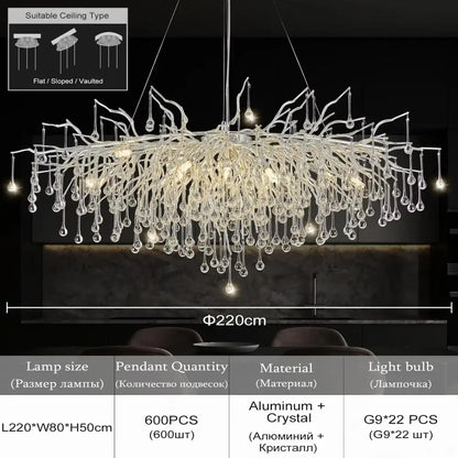 Modern chrome crystal chandelier for living room with droplets