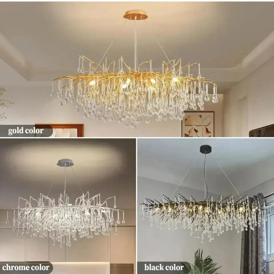 Modern chrome crystal chandelier for living room with droplets