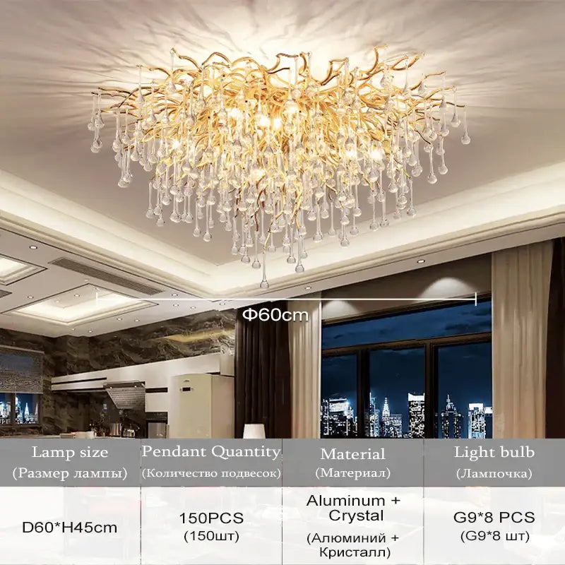 Modern golden aluminum crystal chandelier for living room