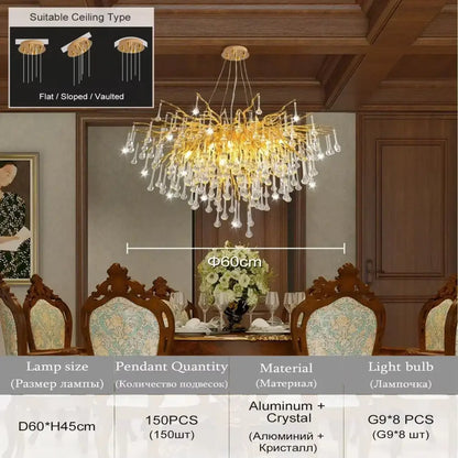 Modern chrome crystal chandelier for living room with droplets