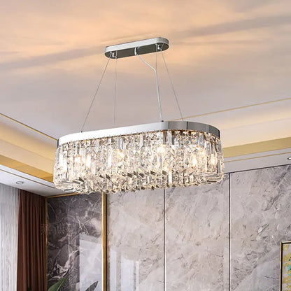 Modern chrome oval island lamp with crystal accents for dining room