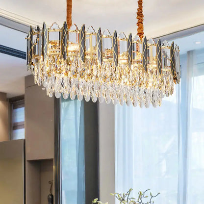 Modern gold crystal tiered oblong island light dining room pendant