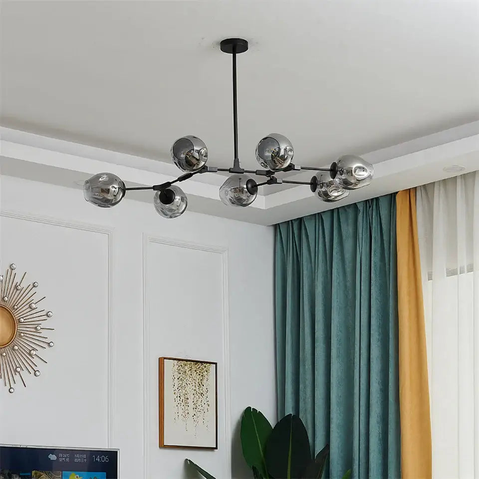 Modern black & gold amber glass ball chandelier dining room pendant