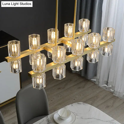 Modern golden cylindrical crystal pendant light for dining room