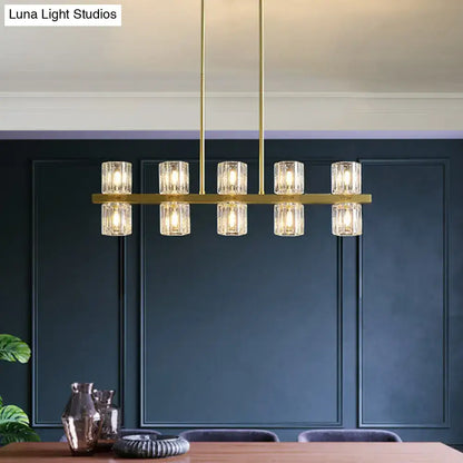 Modern golden cylindrical crystal pendant light for dining room
