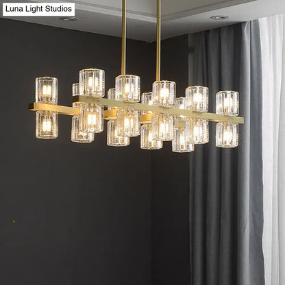 Modern golden cylindrical crystal pendant light for dining room