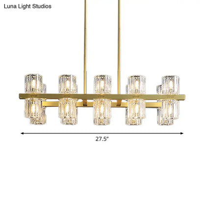 Modern golden cylindrical crystal pendant light for dining room