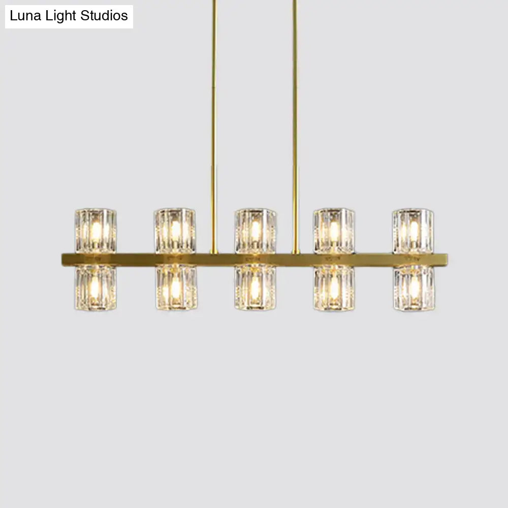 Modern golden cylindrical crystal pendant light for dining room