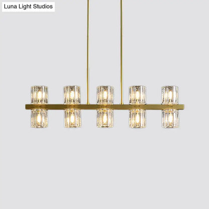 Modern golden cylindrical crystal pendant light for dining room