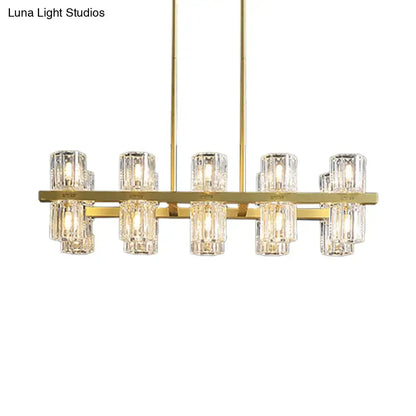 Modern golden cylindrical crystal pendant light for dining room